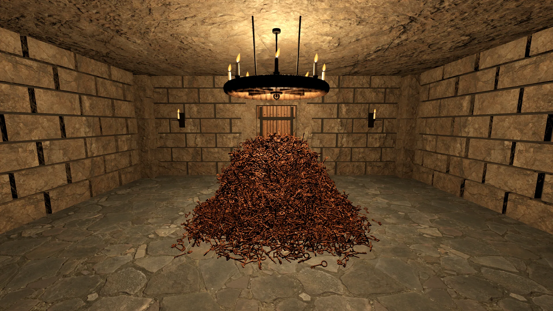 A stone room with a huge pile of keys before a locked door